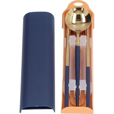 Ensemble de couverts en acier inoxydable portable pour étudiants, boîte de rangement bleu marine et or, ustensiles de voyage