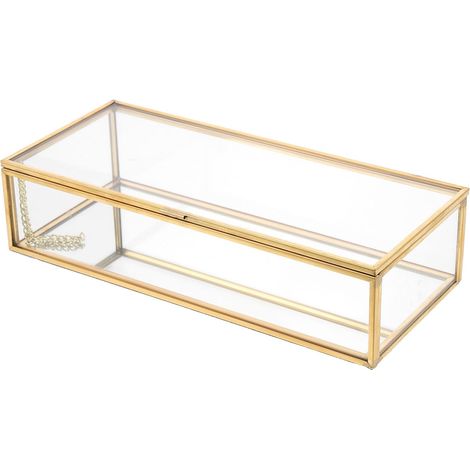 Boîte à Bijoux Rectangulaire en Verre Cadre en Alliage Conteneur Transparent pour Boucles D’Oreilles Coffret de Rangement Vintage pour Bureau et Coiffeuse Usage Maison et (1/5)