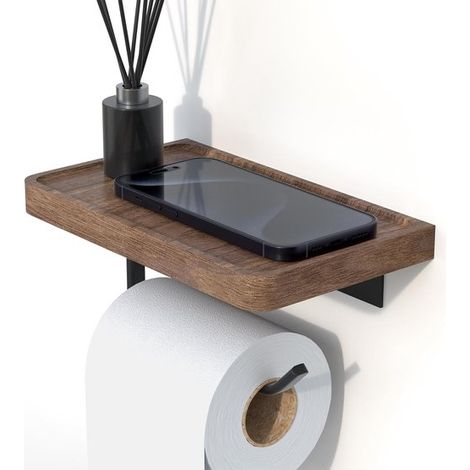 Portarotolo di carta igienica con ripiano in legno di noce nero, spazio per cellulare e aromaterapia per il bagno. (1/5)