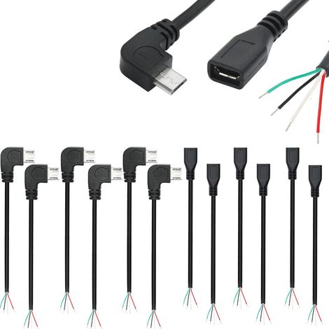 12pcs Micro USB Queue de cochon 90 Degrés 28AWG 5V2A Micro USB Male Extrémité Ouverte avec Fil Bar 4 Broches Extension Câble USB Soudable Connecteur USB pour Bricolage (30cm) (1/5)