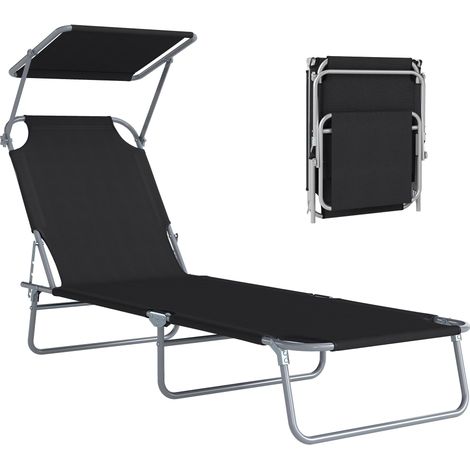 Transat Bain de Soleil Pliable Chaise Longue Pliante Grand Confort Dos du siège Inclinable Multi-positions et Pare-Soleil modulable Dim. 187L x 58l x 36H cm Couleur noire (1/5)