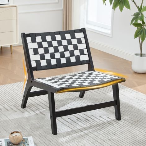 Sillón moderno de 71x66x72 cm para salón, sin reposabrazos, estructura de madera, tejido de cuadros negro en PU (1/5)