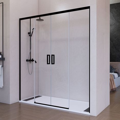Mampara de ducha frontal corredera 140 cm 2 puertas + 2 fijos Negro mate Cristal transparente 6 mm 195 cm altura