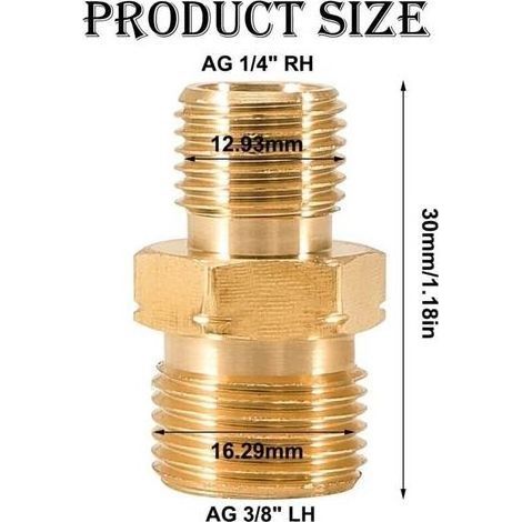 Lot de 2 raccords de tuyau de gaz en laiton - Double mamelon - Raccord pour tuyau de gaz propane acétylène - 1/4" droite vers 3/8" gauche - Raccord propane acétylène - Filetage extérieur (1/5)