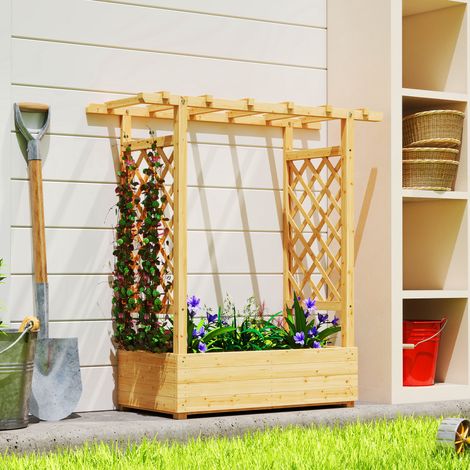 Bac de culture en bois massif sur pieds 110x44x113cm, potager surélevé avec treillis latéral et supérieur, jardinière à drainage intégré