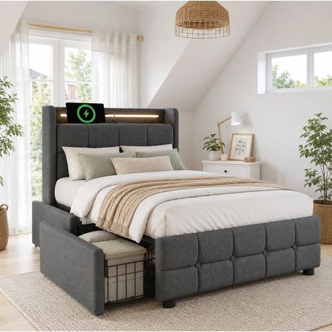 Polsterbett 90x200cm mit USB-Ladung, LED-Beleuchtung & Schubladen (1/5)