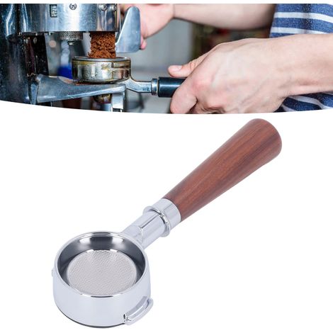Portafiltro doble simétrico de aluminio sin fondo (58 mm) con mango de madera – portafiltro para máquinas de café de 58 mm con cesta de filtro monoplano (1/5)