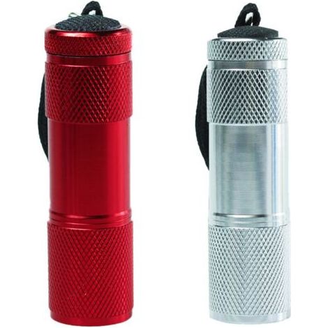 Mini-Taschenlampe mit gummierter Oberfläche und Schultergurt, tragbar, ideal für Camping und Wandern, rot und silber (1/4)