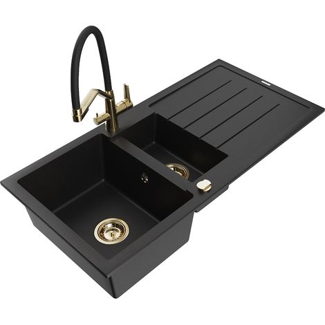 Mexen Andres fregadero de granito de 1,5 compartimentos con escurridor y grifo de cocina Duo, negro - 6515-77-671701-57-G (1/5)