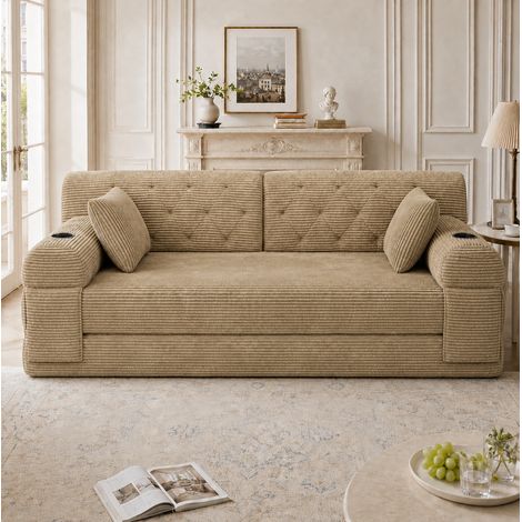 Canapé convertible 208 cm dossier haut velours côtelé khaki HAVRYA (1/5)