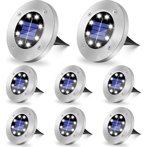 Lampe solaire d'extérieur au sol, 8 LED, étanche IP65, lumière blanche, adaptée aux allées, cours, pelouses, patios et piscines. (1/5)