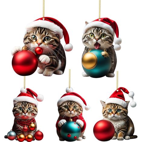 Cute Cat Christmas Bauble - 5 Hanging Pendants for Kitten's Home for Holidays - Cute Cat Christmas Decoration, Two-Tone Cat Christmas Ornaments (1/4)