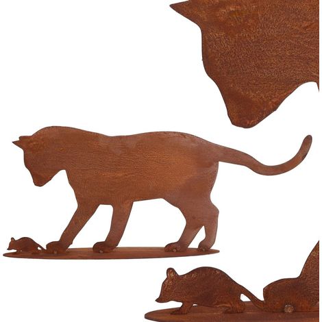 Statuette de Jardin Chat et Souris en Métal Effet Rouille Patine Shabby Chic 23 x 57 cm - PANGIVO (1/5)