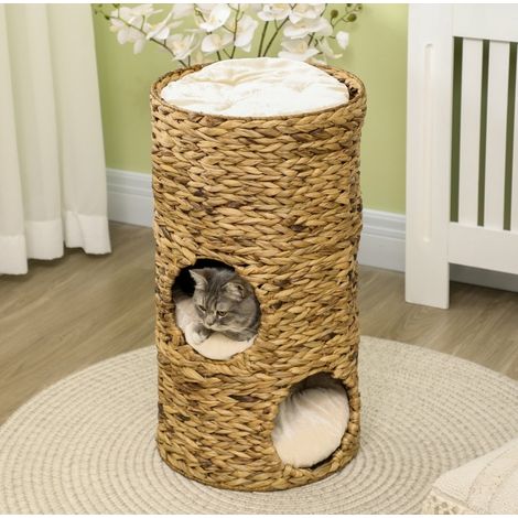 Nascondiglio per gatti a 3 livelli, 3 ingressi, con cuscino, Ø40 x 73 cm, marrone DESVIAE (1/5)