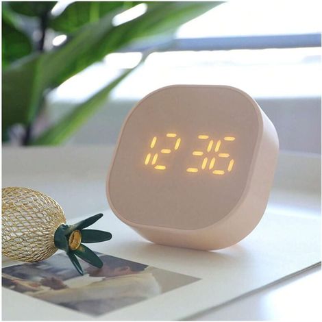 Minuterie intelligente petit réveil carré Mini dessin animé Simple horloge numérique chevet lumineux horloge électronique, rose (1/4)