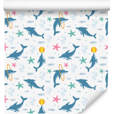 Papier peint dauphins blanc, bleu et azur pour salon et chambre 50x1000 cm (1/5)