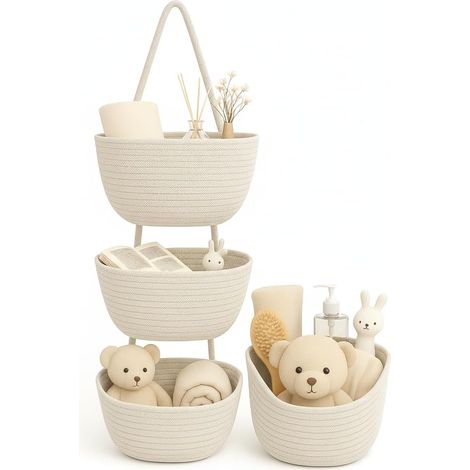Handgeflochtener Hängekorb aus Baumwollseil aus Japan – 3-stöckiger Wandorganizer im Boho-Stil für Spielzeug, Snacks und Dekorationen – Umweltfreundliche Flechtarbeit, ideales Einzugs- oder Babypartyg (1/5)