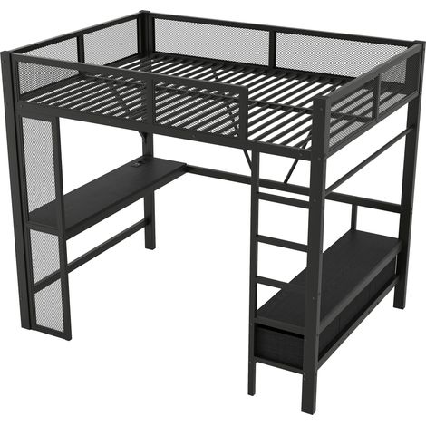 Letto a soppalco in metallo 140x200 cm nero con scrivania USB LED, armadio aperto e 3 cassetti (1/5)