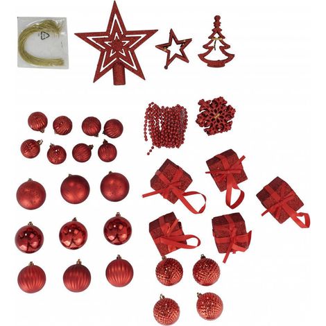 Dmora Box 50 Stück mehrformige Weihnachtsdekorationen, Ornamente und Spitze, Set Sortiment Weihnachtskugeln, Box Set Weihnachtsbaum, 4 bis 7 cm, Farbe rot
