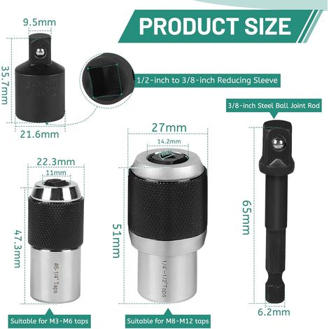 LALAGO 2 Pièces Clé à Taraud Réglable Adaptateur 3/8" avec 2 Raccords, Extracteur de Tarauds Réglable M3-12, Sockets Réglables pour Taraudage, Alésoirs et Vis Cassées pour Extraire les Vis