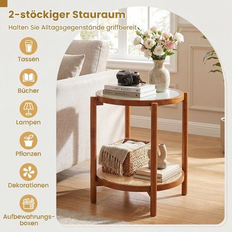 Table d'appoint 2 niveaux avec rangement, plateau en verre trempé et étagère en rotin PE, pour salon ou chambre (1/5)