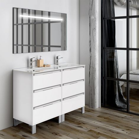 Meuble de salle de bain double vasque - 6 tiroirs - blanc - IRIS 3C et miroir Led STAM - 120cm (1/5)