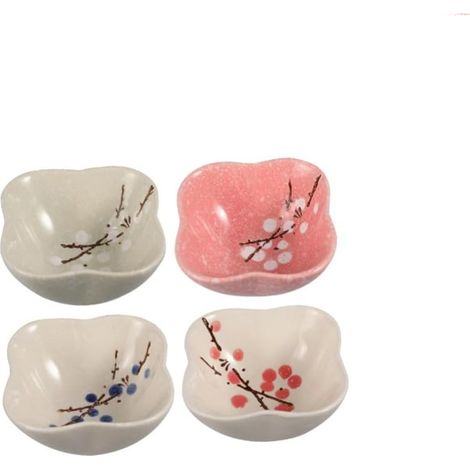 4 assiettes en céramique en forme de fleur, rose/cyan/rouge/bleue, pour sauce et épices, empilables et lave-vaisselle (1/5)