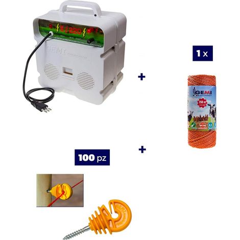 Kit completo per recinto elettrico con 1 x Elettrificatore 220V + 1 x Filo 250 MT 2 Mm² + 100 pezzi isolatori per paletti in legno - Recinzione Elettrica Rete Elettrica (1/4)