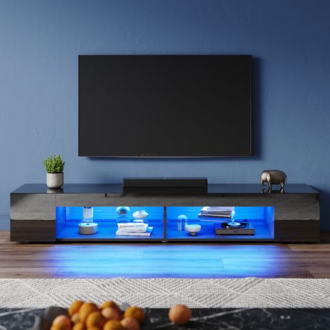 ELEGANT Modern TV Stands with LED Lights, Open Glass Shelves, Suitable for Living Room and Bedroom, Black High Gloss, 1800x390x300mm (1/5)