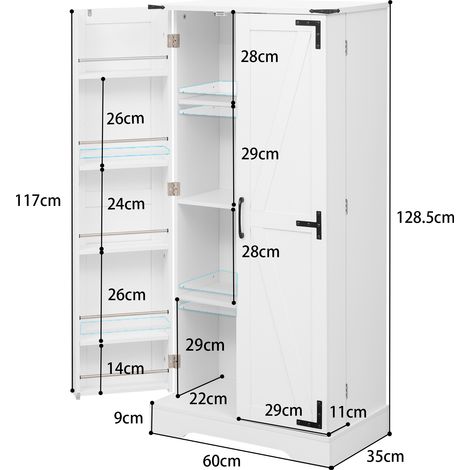 Meuble de cuisine haut 128,5 cm, armoire de rangement style ferme – buffet LED 2 portes battantes avec étagères réglables, idéal petit espace salle à manger ou salon, blanc texture grain bois (1/5)