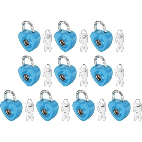10x Mini cadenas forme cœur avec clé, bleu moyen, métal