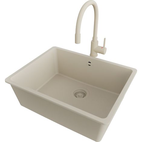 PRIMAGRAN Evier Cuisine en Granit 56x44cm,Lavabo 1 bac + Robinet 38x14cm + Kit de Vidage, Évier à Encastrer au meuble 60cm - Venise Slim Easy, Beige (1/5)