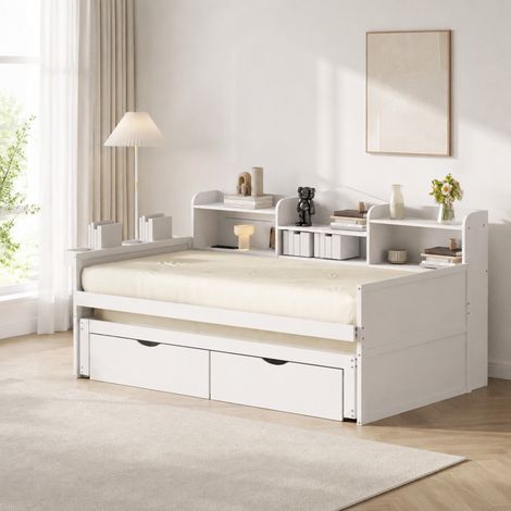Sofá cama 90 x 200 cm con cama extraíble, 2 cajones, USB, blanco OKMYHOME (1/5)