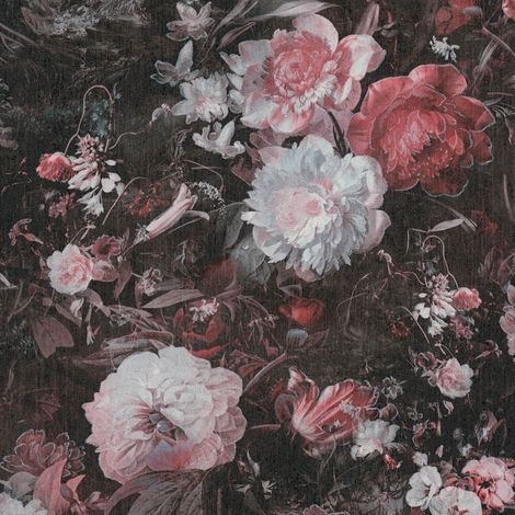 Papel pintado floral Profhome 388214 papel pintado vinílico estampado en caliente tejido non tejido ligeramente texturado con ornamentos florales efecto satinado negro rosa blanco plata 5,33 m2