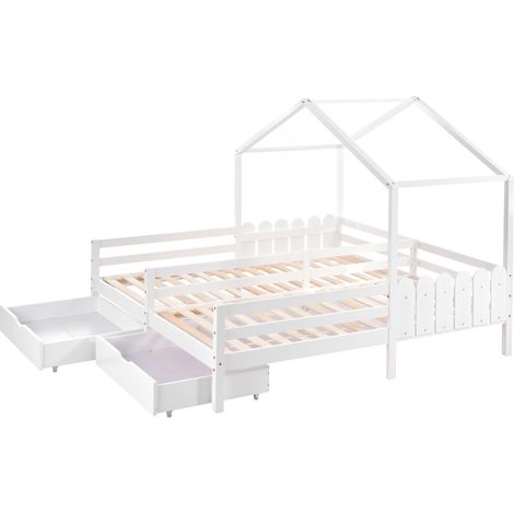 Letto a casetta doppio bambini 200 x 90 cm bianco con 2 cassetti MDF e rete a doghe MODENUIT (1/5)