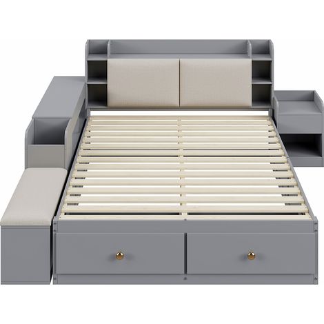 Lit 140x200 bois massif gris tête rangement tiroirs sofa sans matelas
