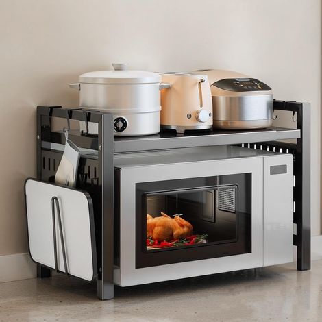 Etagere Micro Onde Extensible 40-64CM 2 Niveaux Support de Four à Micro-Ondes Grille pour Four des Étagère à Micro-Ondes Cuisine Rangement avec 6 Crochets Support pour Planche à Découper (1/5)