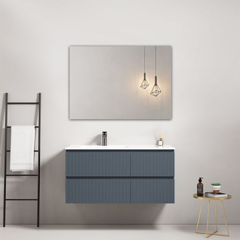 Mobile bagno sospeso cannettato 100 cm Blu Mare Lavabo a Sinistra in Ceramica Specchio Quadro - Fiji Paint (1/4)