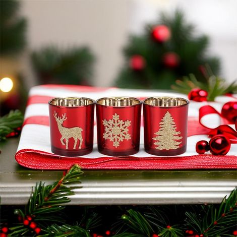Verre À Bougie - Verre En Verre Transparent Rouge - Pour Décoration De Noël Mariage Et Aromathérapie - Hauteur 8 Cm Diamètre 7 Cm - Lot De 3 (1/5)