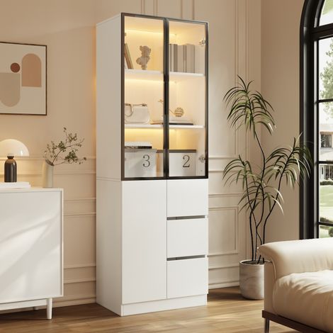 MODFU – Vitrina 60x40x180 cm de aglomerado con puertas de vidrio y LED por app, cajones y carga 100 kg – Blanco (1/5)