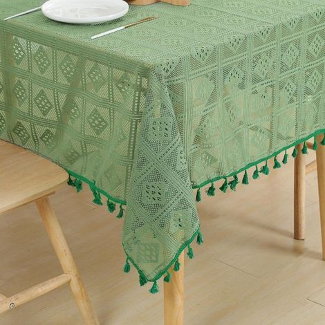 Tovaglia in pizzo, motivo geometrico a scacchi traforato con nappe, verde, 140 x 100 cm (1/5)