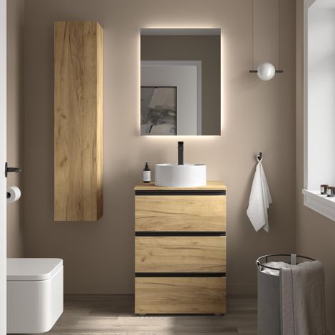 Meuble de salle de bain BEQUIA METAL 3C 60cm Chêne Vasque à poser Porcelaine Centrale (1/5)