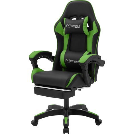 ML-Design Gaming Stuhl mit Fußstütze, Grün, aus Kunstleder, Ergonomischer Bürostuhl mit Armlehne, Kopfstütze, Lendenkissen, Drehstuhl verstellbar, Racing Gamer Stuhl Schreibtischstuhl Drehsessel