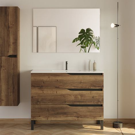 Meuble de salle de bain 100cm simple vasque - 3 tiroirs - tabaco (bois foncé) - MATA (1/5)