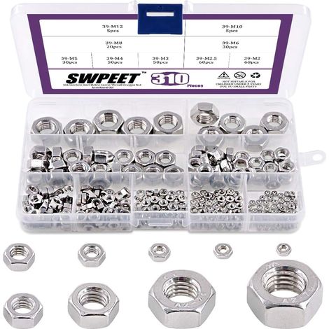 Lot de 310 écrous hexagonaux métriques en acier inoxydable 304 - 9 tailles - M2 M2.5 M3 M4 M5 M6 M8 M10 M12 (1/5)