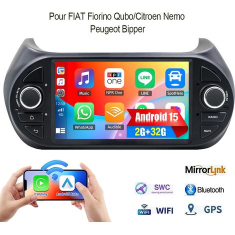 Autoradio Android 15 Carplay pour Fiat Qubo/Fiorino Citroën Nemo Peugeot Bipper - 2+32G