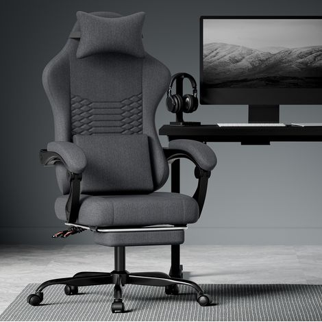 Chaise de bureau gaming en tissu, dossier inclinable 90°/105°/135°, repose-pieds, noire HAVRYA (1/3)