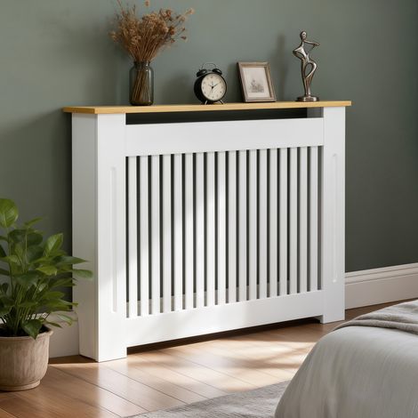 UNHO - Cache radiateur en bois blanc - Couverture moderne avec lattes - Design pour Salon Chambre Bureau - Taille L×P×H 112x20x83cm