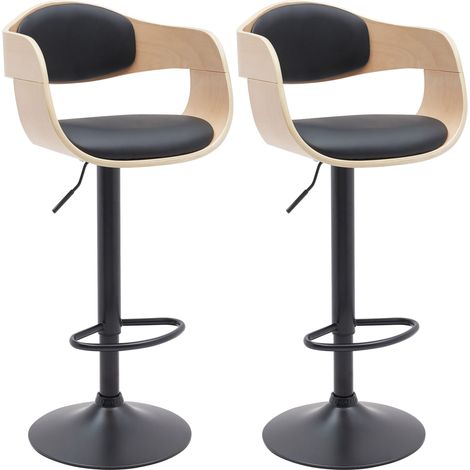Juego de 2 taburetes de bar sillas altas patas de trompeta en metal negro asiento en madera clara y símil piel negra TDB10763