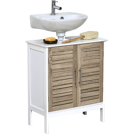 Tendance – Meuble sous vasque simple 60x30x70 cm – MDF blanc imitation chêne – 2 portes et 1 étagère – Montage facile avec notice incluse